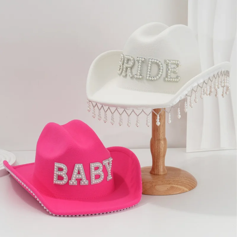 

Women's Cowboy Cowgirl Hat with Rhinestone Bride Baby Letters Pink Hats Pearl Letters Cute Accessories for Honeymoon Party