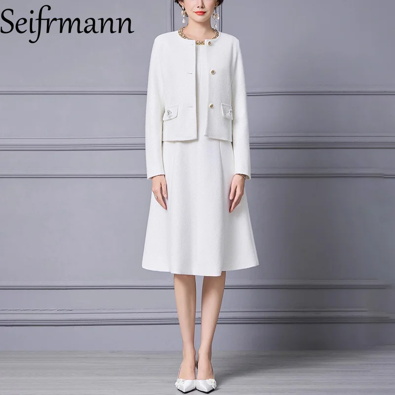 

Seifrmann 2026 Spring Women's New Fashionable Round Neck Long Sleeve Coat+Beaded Round Neck Tank Top Dress Two Piece Set