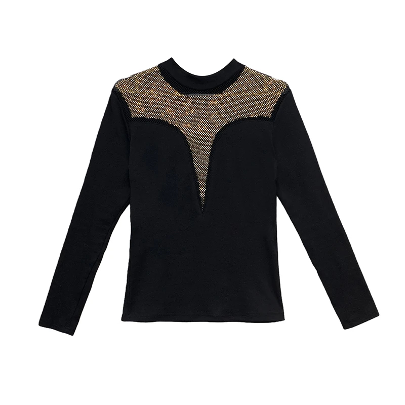 

2026,European,Clothes,T-Shirt,Fashion,Sexy,Turtleneck,Patchwork,Shiny,Diamonds,Women,Tops,Long Sleeve,Bottoming Shirt,Tees,51201