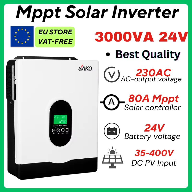 Inverter solare off-grid a onda sinusoidale pura Sako 3.0Kva/2700W 24V con regolatore di carica solare MPPT 80A, uscita 230Vac, PV 30-400Vdc