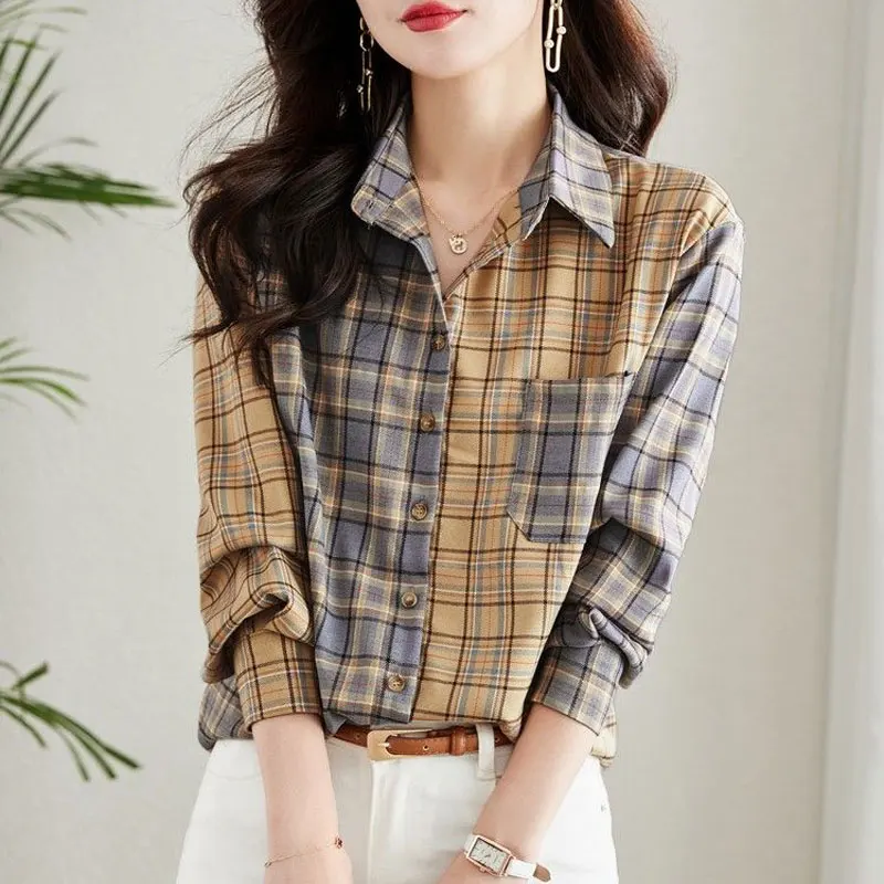 Commute Plaid Asymmetrical Blouse Casual Pockets Spliced Female Clothing Turn-down Collar Spring Autumn Single-breasted Shirt