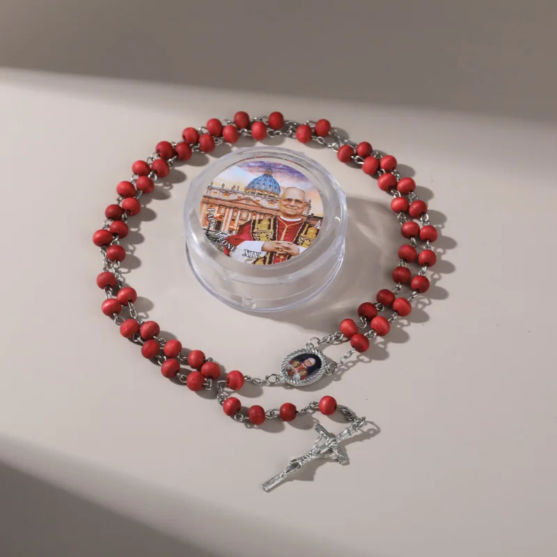 6/12/20/60 Sets Papst-Franziskus-Rosenkranz-Geschenke, rote Perlen, katholischer Rosenkranz mit Papst-Box für Taufe und Gebet – Detail 9