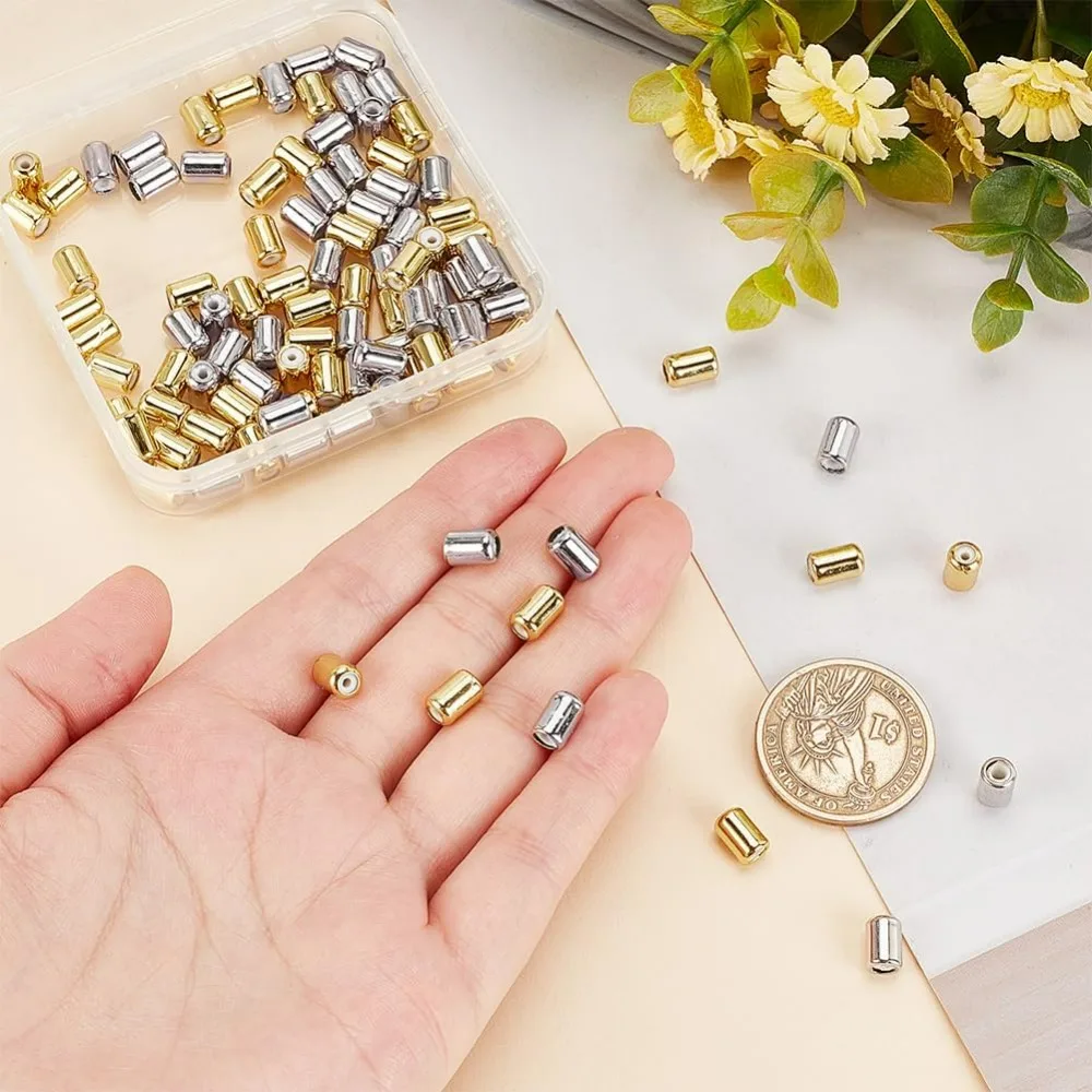 100pcs Brass Stopper Beads, 2 Colors Small Colunm Positioning Spacer Beads Adjustable Slider Beads Rubber Beads for DIY Bracelet