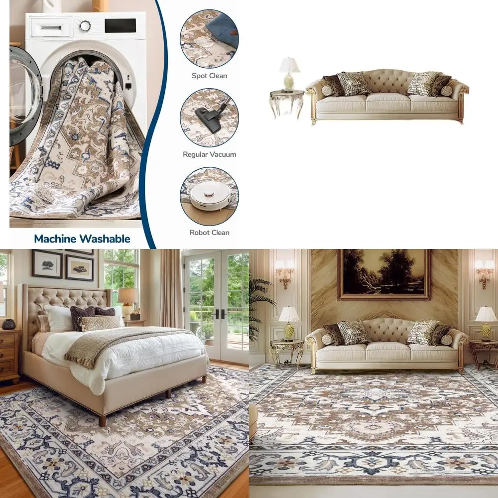 

9x12 Large Living Room Area Rug - Washable, Boho Medallion Design, Non-Slip, Low Pile, Pet & Child Friendly, Brown Beige