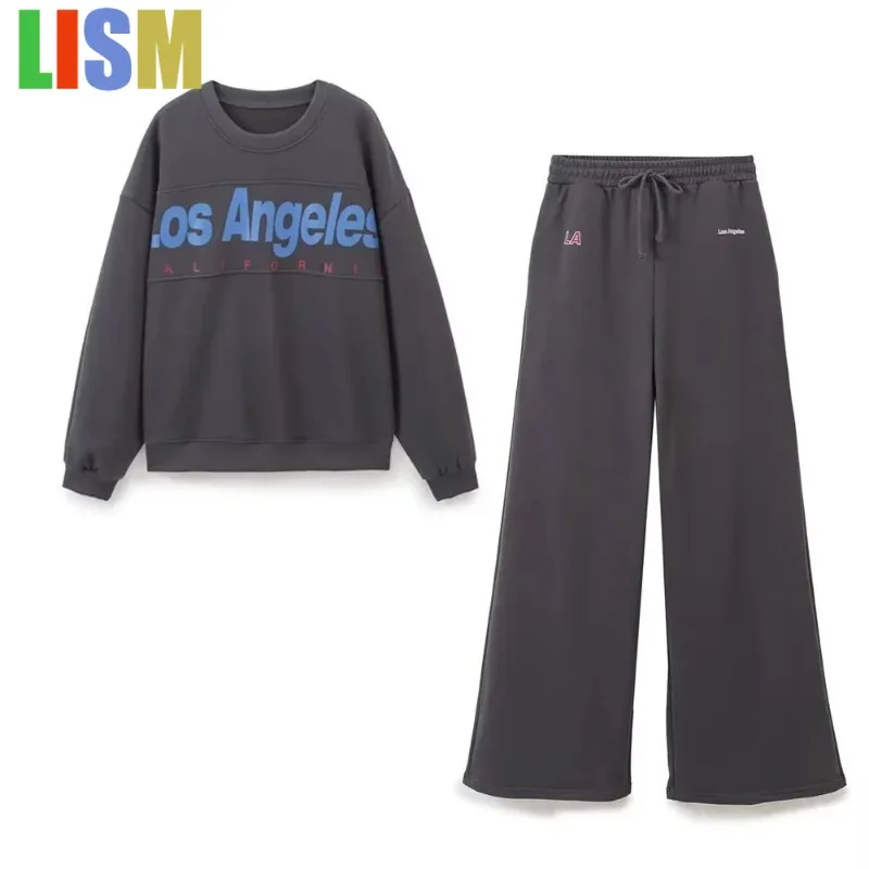 

LISM winter woman outfit tracksuit New in matching sets Sweatshirt Letter Print Drawstring Sports Pants Set Deep Grey Wind