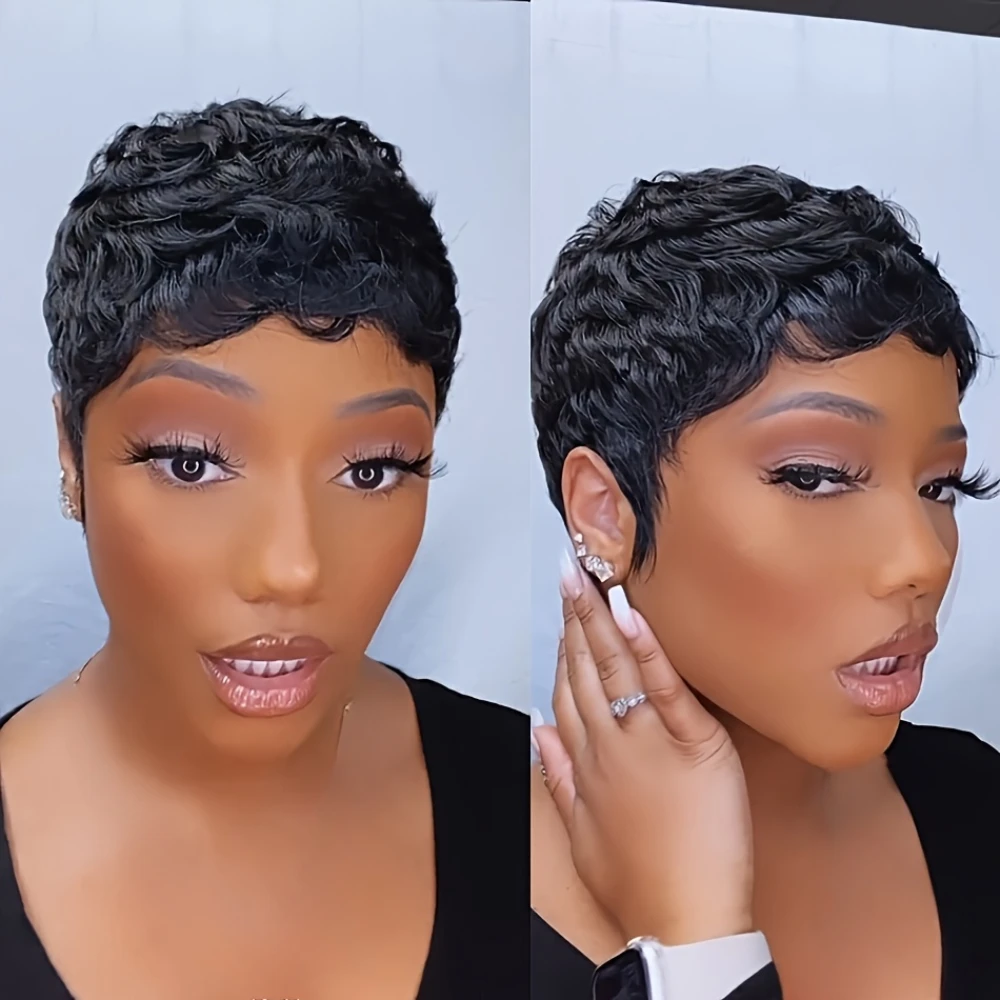 密度150% 4インチ ピクシーカット カールウェーブ 人毛ウィッグ 女性用 フルマシンメイド ウィッグ デイリーユース パーティー用