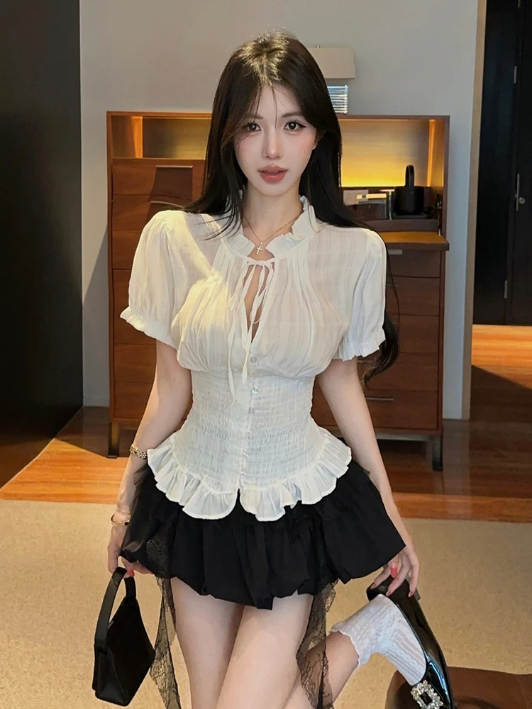 

Sweet Retro Hollow out Belted Bubble Sleeve Slimming Shirt Top Puffy Flower Bud Skirt Pants Set Women's Fashion Summer Outfit