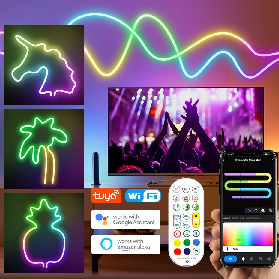 DC12V LED Neon Strip RGBIC 96LEDs/m Tuya Wi-fi Fita Flexível Inteligente RGB Neon Light IP67 Impermeável para o Trabalho Decoração do Quarto com