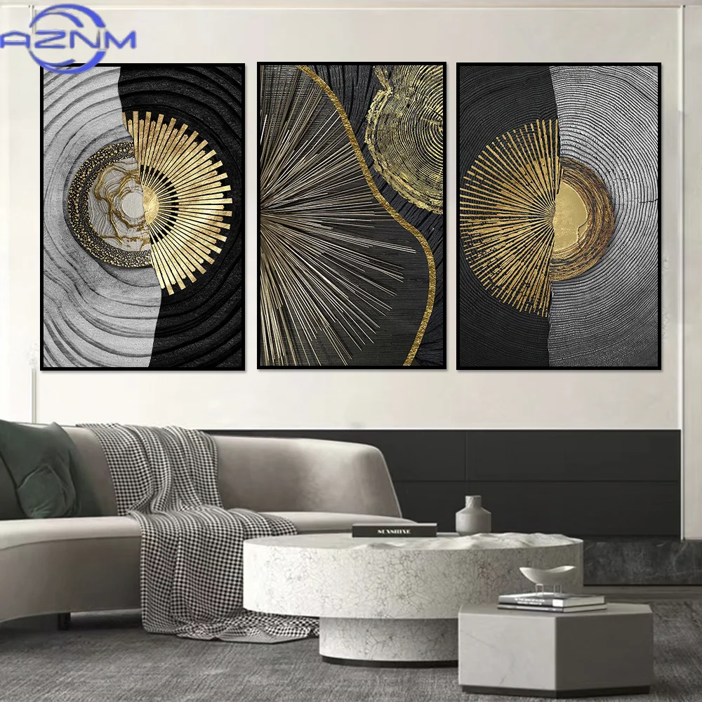 AZNM Black Gold Rough Organic Texture of Tree Rings Canvas Abstract Poster Wall Art Pictures Circle Line Paintings For Living Ro