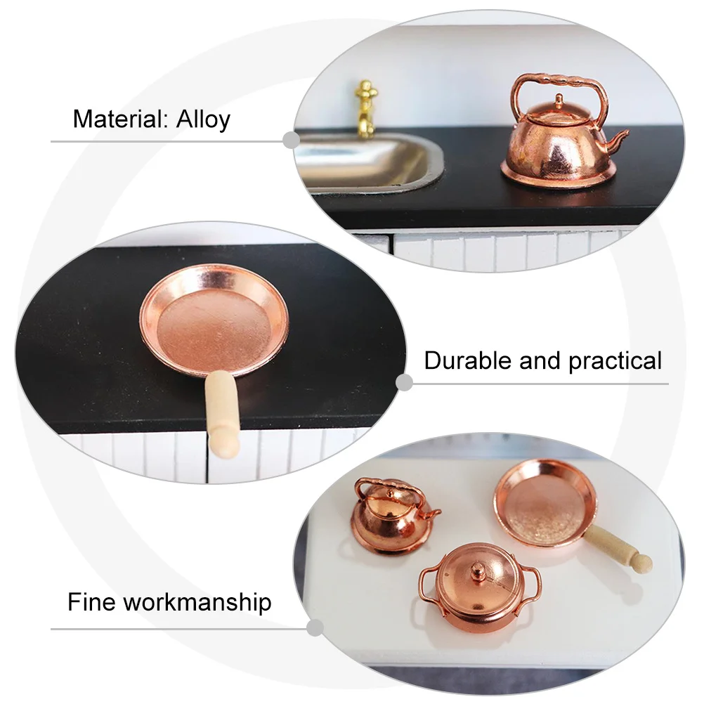 1Set Mini Kitchenware 3-Piece Set Premium Alloy Mini Kettle Saucepan Soup Pot for Home Restaurant Tea Room Miniature Kitchen Pot