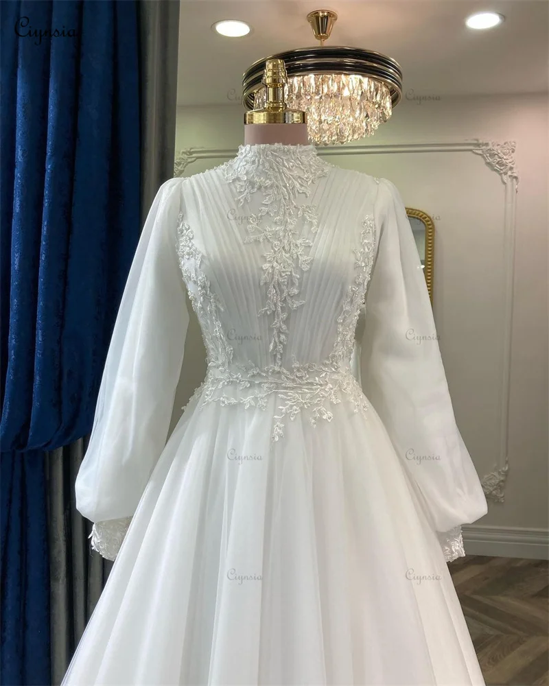 Ciynsia elegante lange Ärmel muslimische Brautkleid Spitze Applikationen plus Größe Brautkleider für Braut High Neck Vestidos de Novia