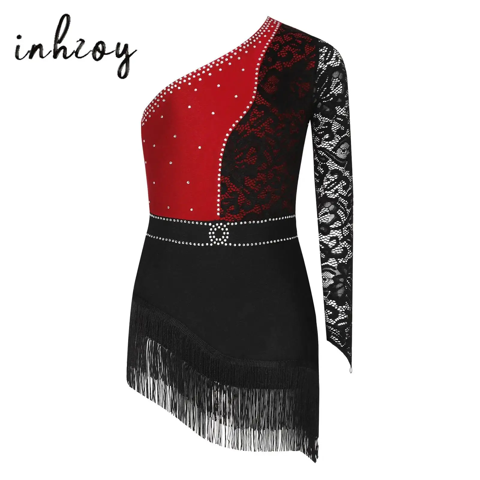 

Kids Girls Jazz Latin Dance Dress Lace One Long Sleeve Shiny Rhinestones Tassels Leotard Dress Samba Rumba Cha Cha Dance Costume