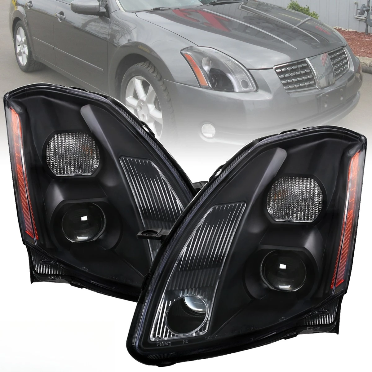 

Black Projector Headlights Fits 2004-2006 Maxima Headlamps Replacement Pair