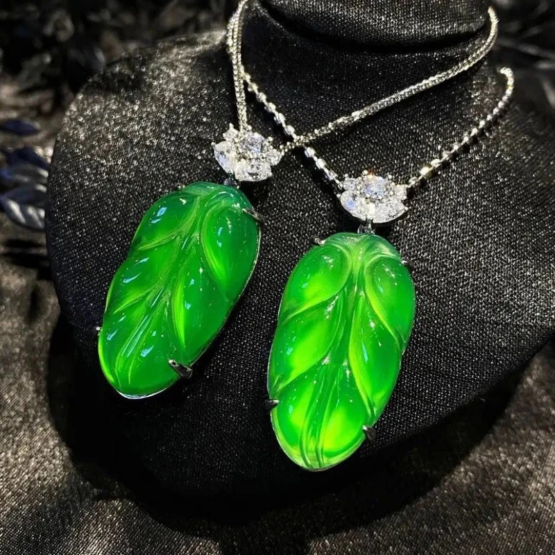 Natural 925 Silver Inlaid High Ice Chalcedony Leaf Pendant Green Agate Fashion Women's Jade Necklace High Jewelry Holiday Gift