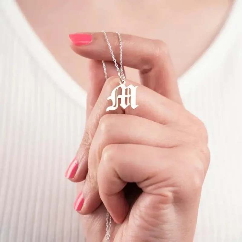 Stainless Steel Ancient Letters Necklace Stainless Steel Ketting Old English A-Z Initial Pendant Necklace Jewelry Bijoux Femme