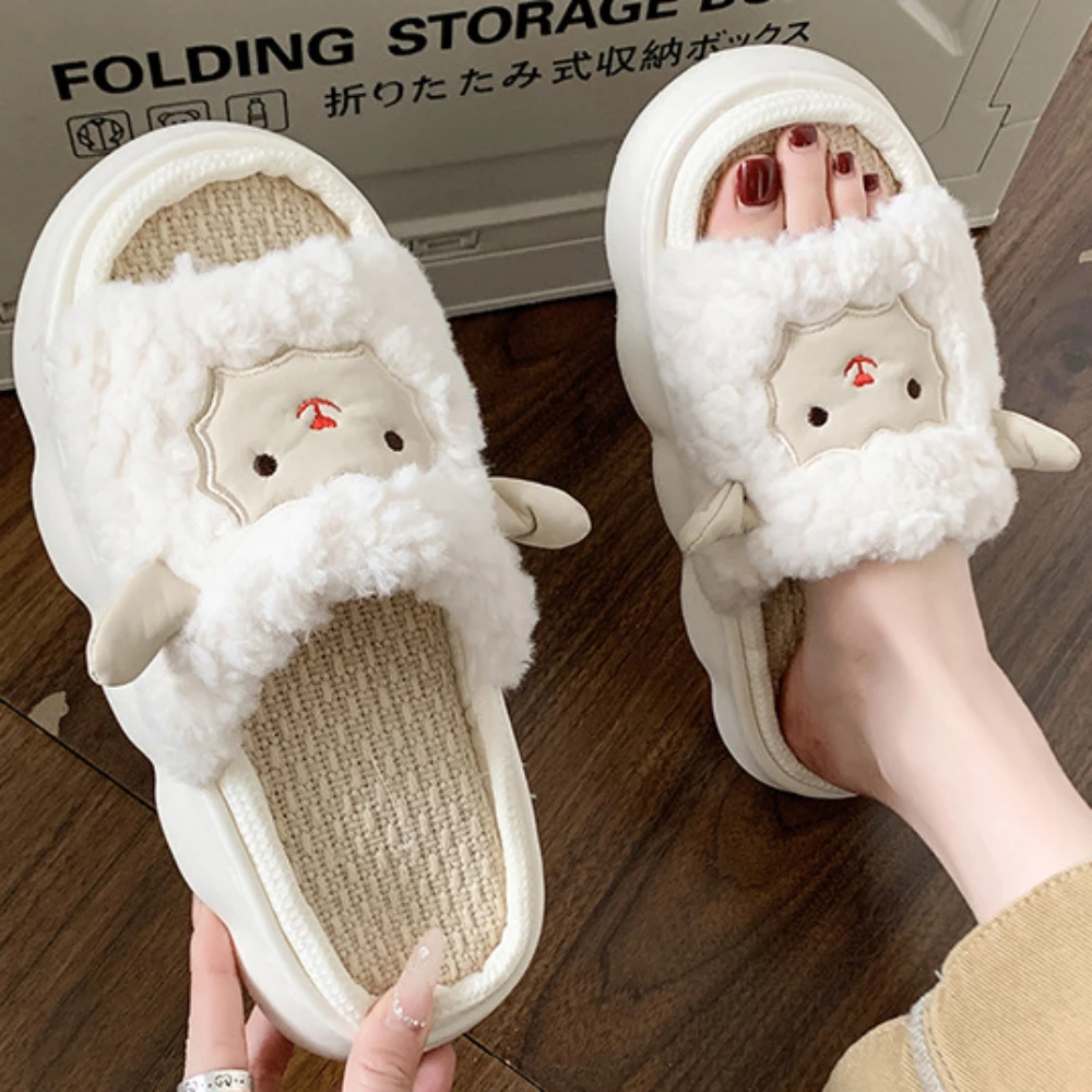 Cute Lamb Ladies Soft Sole Casual Couple Style New Shoes Ventilated Comfortable Pattern Design Non-slip Linen Home Slippers