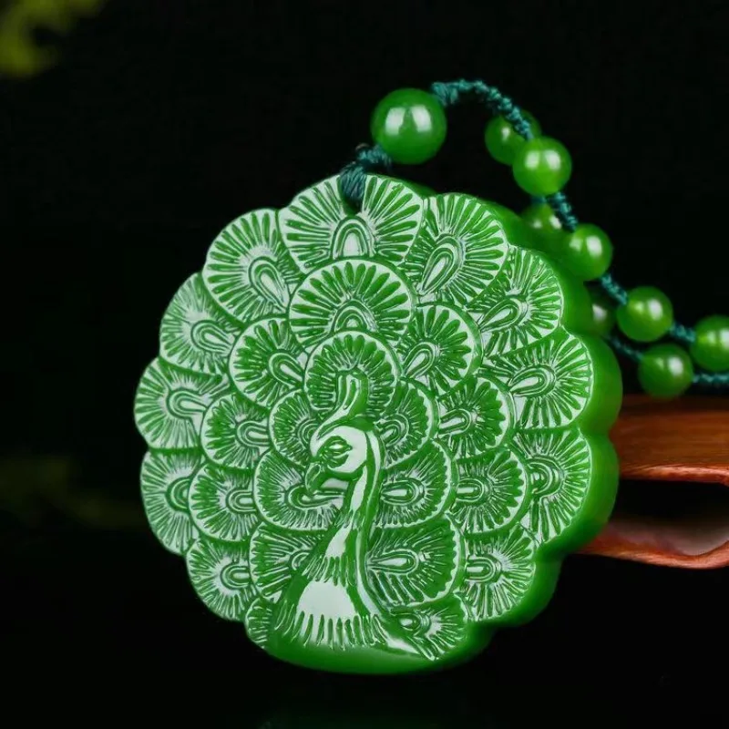 Natural Green Hand-carved Peacock Jade Pendant Fashion Boutique Jewelry Men and Women Peacock Open Screen Necklace