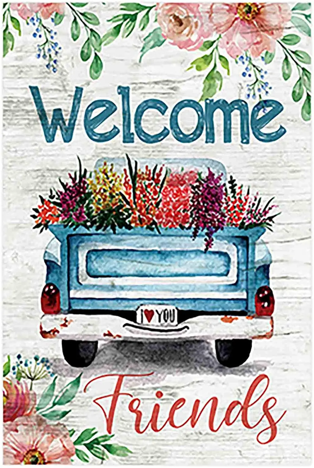 Welcome Friends Decorative Spring Blue Truck Flower Bloom Garden Flag Banner for Outside House Yard Home Decorative