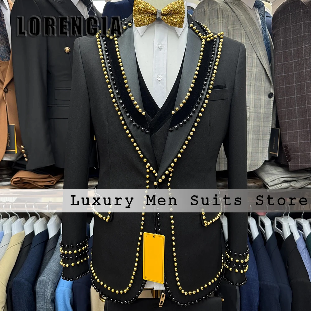 

Exquisite Beaded Men Suits 3 Pieces Set Beading Tuxedos Formal Wedding Groom Outfits Customized Blazer Pants trajes para hombre