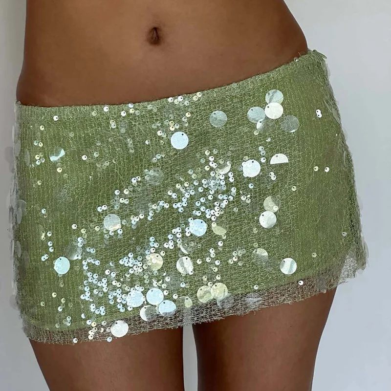Clubwear Party Glitter Sequin Shiny Short Skirts for Women Sexy High Waist A-Line Mini Skirts Summer Slim Fit Bodycon Hips Skirt