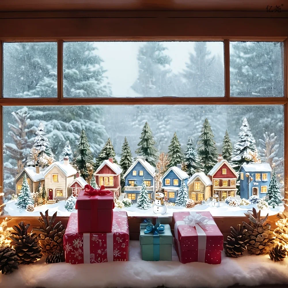 1pc 2D Flat Static Window Clings Featuring Winter Snow Houses, Pine Trees, Snowmen, And Snowflakes, Glueless Static Adhesion
