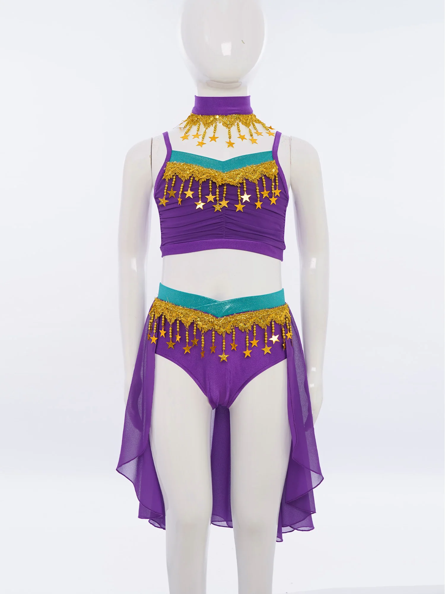 

Girls Shiny Sequin Tassels Belly Dance Outfit Halloween Cosplay Costume Ruched Crop Top with Chiffon Skirt Bellydance Latin Sets