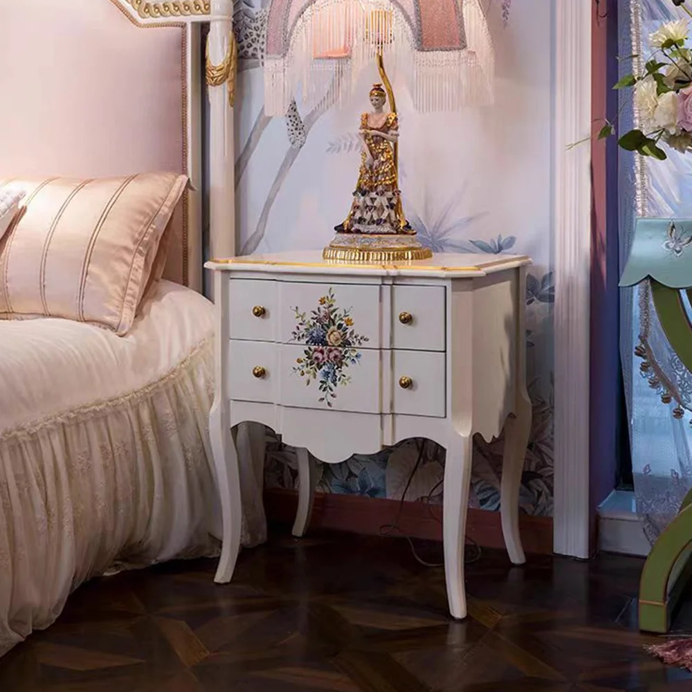 ^French Provincial Hand Painted Floral Solid Wood Nightstand  Bedroom Furniture Storage Side Table for Villa Home Hotel Furnitur