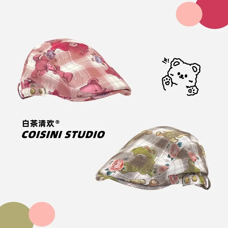 

Y2K Spice Girl Pink Cute Bear Printed Plaid Berets Cap for Women Summer Autumn Travel Fashion Versatile Retro Painter Hats