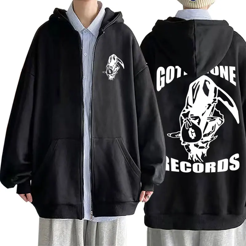 Goth Money Records Skull Graphic Zipper Hoodie Men Vintage Rock Gothic Zipper Sweatshirt Male Hip Hop Oversized  Zip Up Jacket