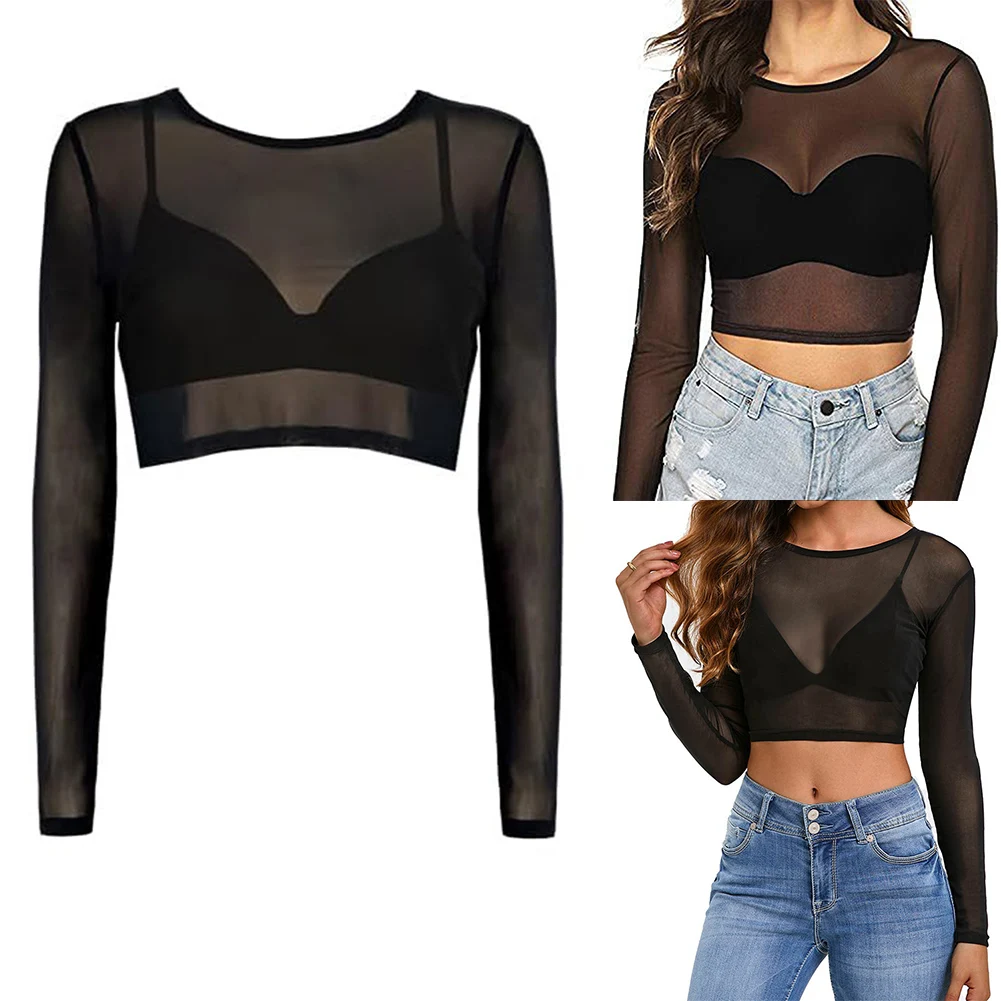 

Womens Sexy Slim Transparent See Through Tight Long Sleeves Mesh Slim Fit Solid Color Top Round Neck Short Style Female Clothing