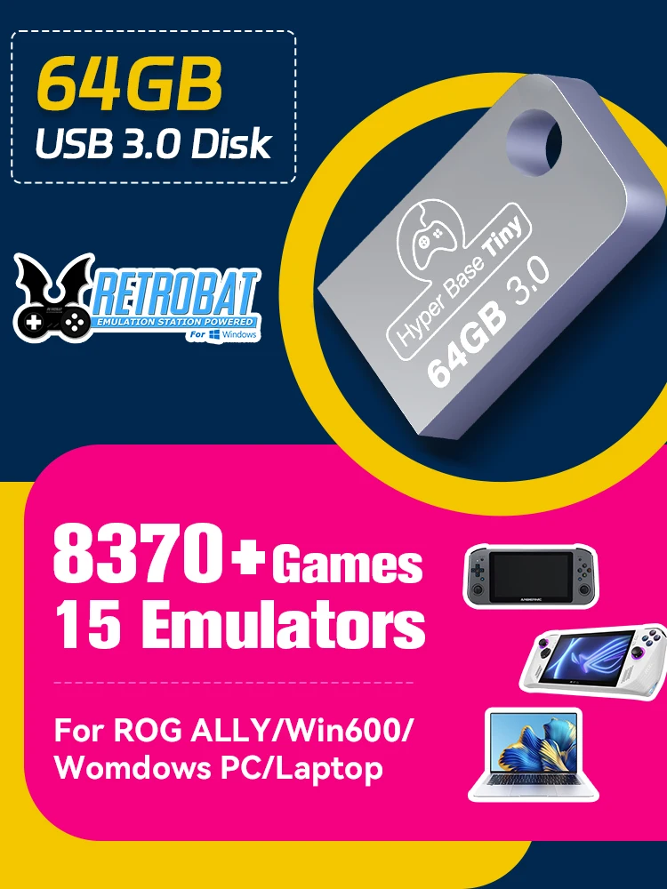 Disque de jeu Portable USB 3.0, 64 go, rétrobat OS avec plus de 8300 jeux, 15 émulateurs pour PSP/DC/N64/NES/SNES pour ROG ALLY/Windows PC/ordinateur Portable