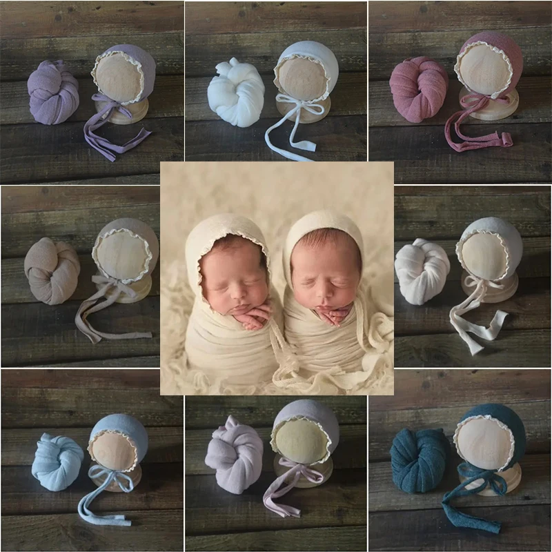 Baby Photography Props Soft Wool Blend Knitted Stretch Swaddling Wrap and Lace Single Hat Sets Studio Photo Shooting Accessories