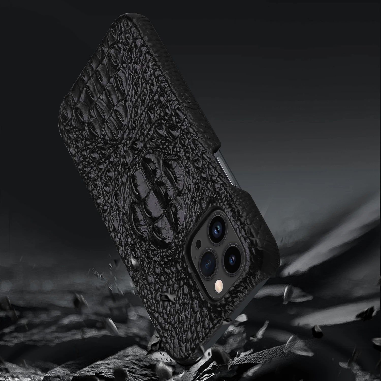 Funda de cuero de vaca genuino para iPhone 14 15 16 Pro Max cubierta trasera de calavera de cocodrilo