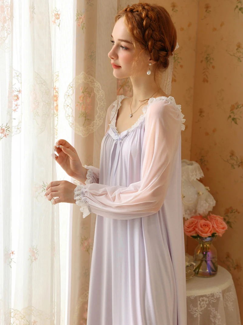 French Victorian Princess Modal Lace Nightgown Women Sweet Girls Spring Autumn Long Sleeve Vintage Pajamas Sleepwear Nightwear