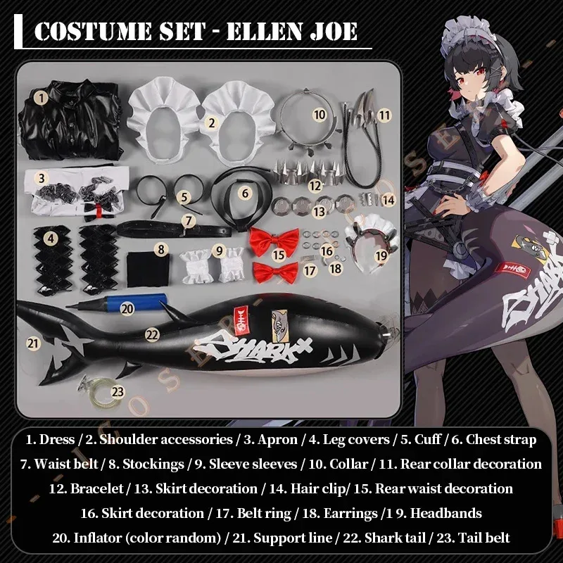 25COSZenless Zone Zero Ellen Joe Cosplay disfraz peluca vestido de sirvienta pendientes cola inflable Victoria limpieza fiesta de Halloween W