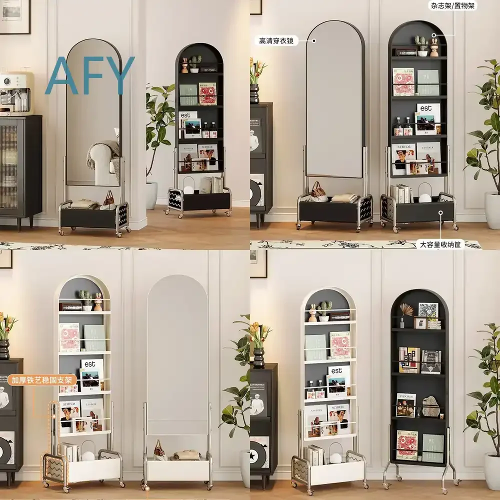 Movable Floor Mirror for Home Living Room Decor with Rotating Base Antique Style Magazine Rack Integrated Standing Full