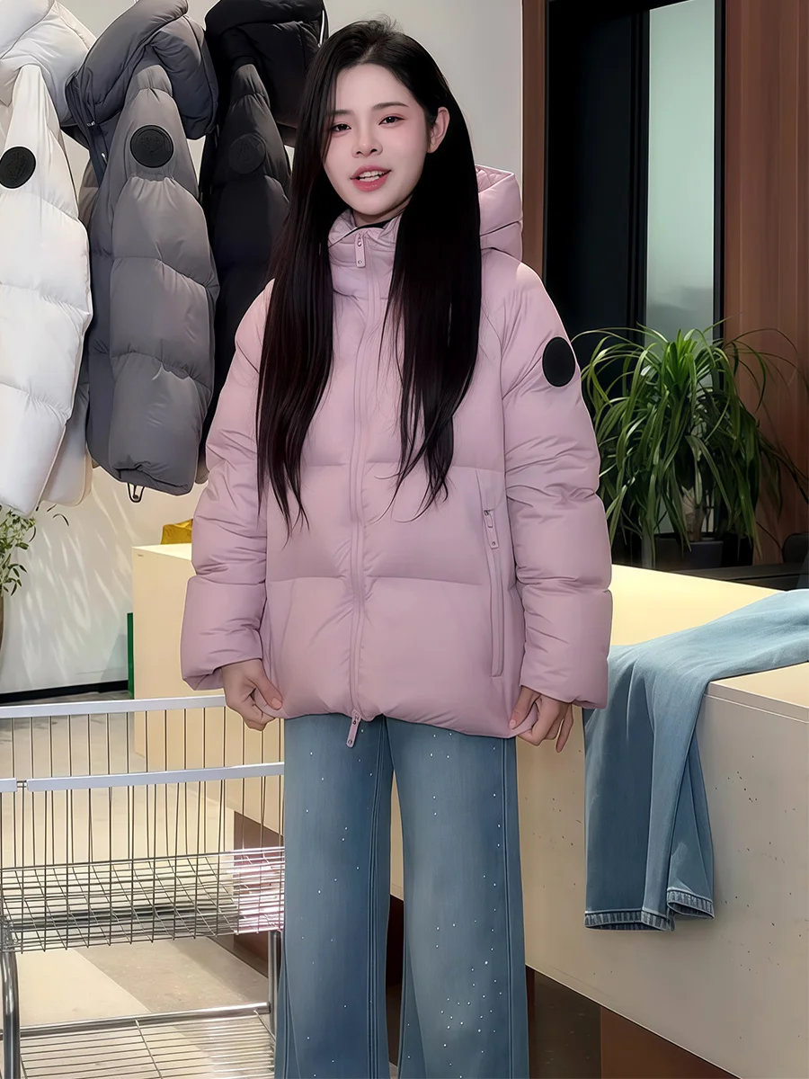 Jaqueta Puffer Casual com Capuz para Mulheres, Inverno, Comprimento Médio, Solta, Quente, 90% Penas de Ganso, Casaco de Lazer com Zíper