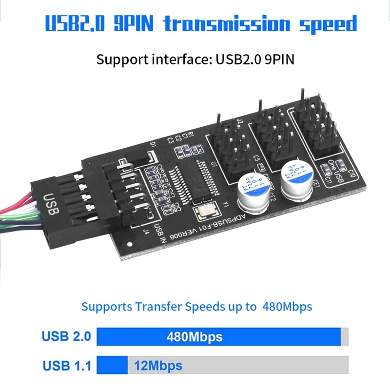 9Pin USB Hub Connector USB Splitter 1 To 3 USB2.0 9Pin Header Board Cable For Water Cooling For RGB LED Fan Speed Test Durable