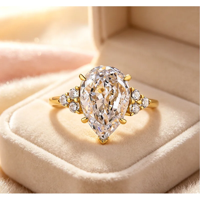 925 Sterling Silver Luxury Pear Shape Zirconia Wedding Female Fashion Gold Color Proposal Ring for Women High Quality Jewelry