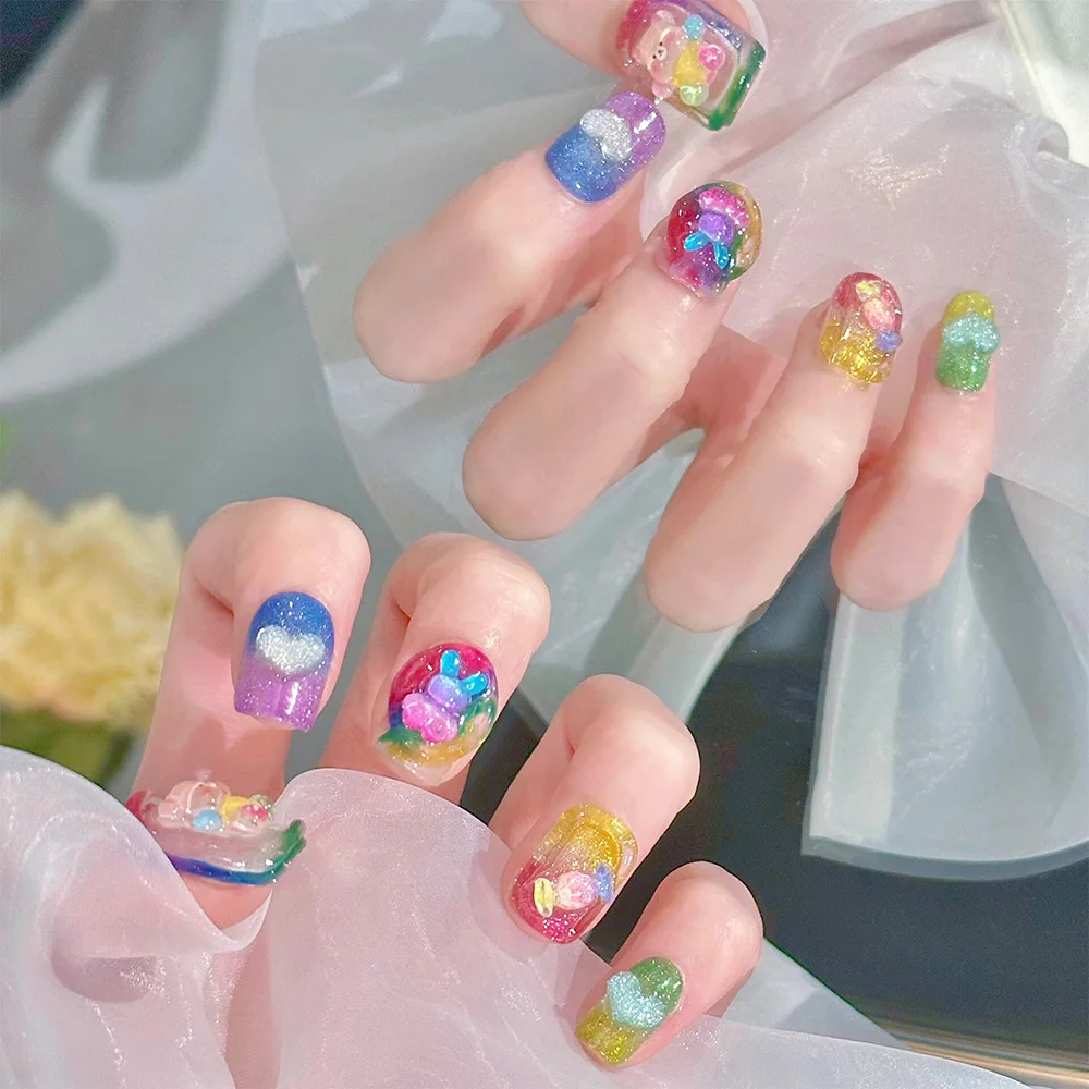 Oso de piezas para manicura, Charms de dopamina con diamantes de imitación, decoración de uñas de oso colorido, Panda 3D, 10 Uds.