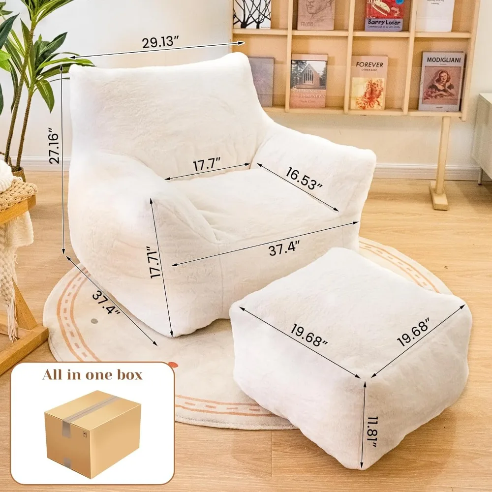 Bean bag chair with ottoman, bean bag chair with padded armrests, bean bag chair with footrest in super soft fluffy fur