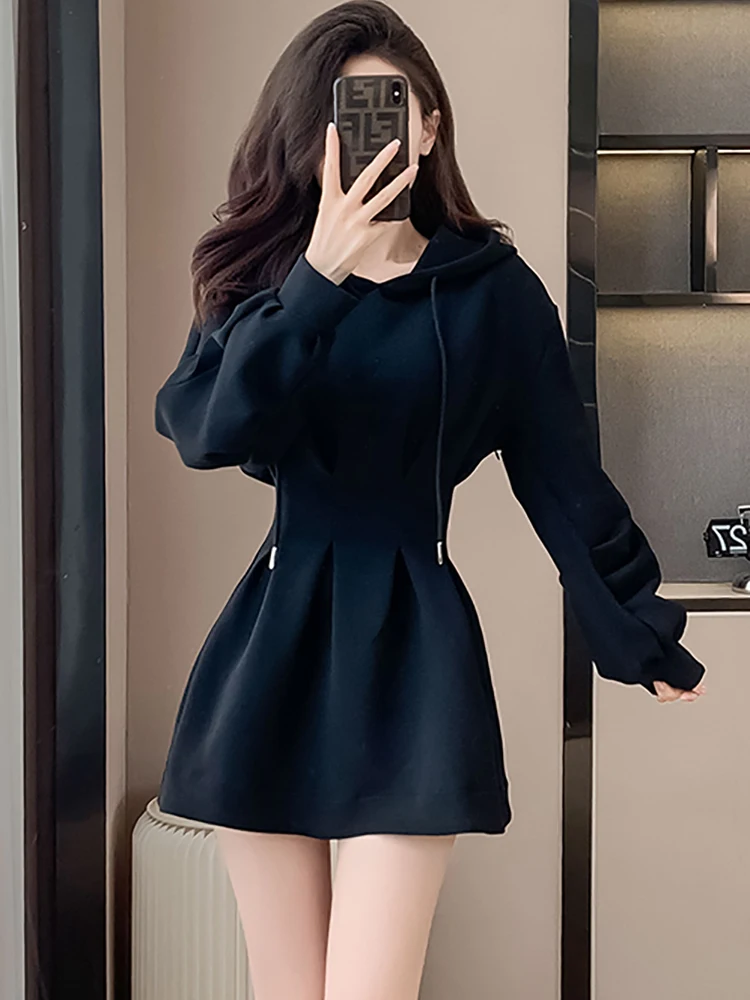 Black Long Sleeve Chic Hooded Short Dress Women Autumn Winter Elegant Bodycon Casual Dress 2024 Korean Vintage Hepburn Vestidos