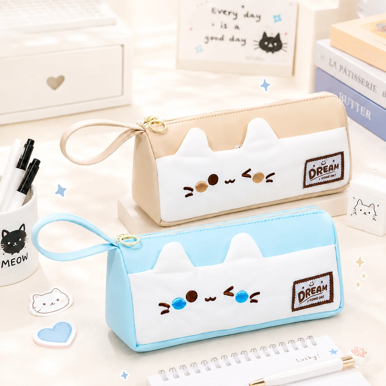 Kawaii Cat Pencil Case Large Capacity Pen Bag with Wrist Strap Front Pocket Cute Stationery Organizer for Girls Students School