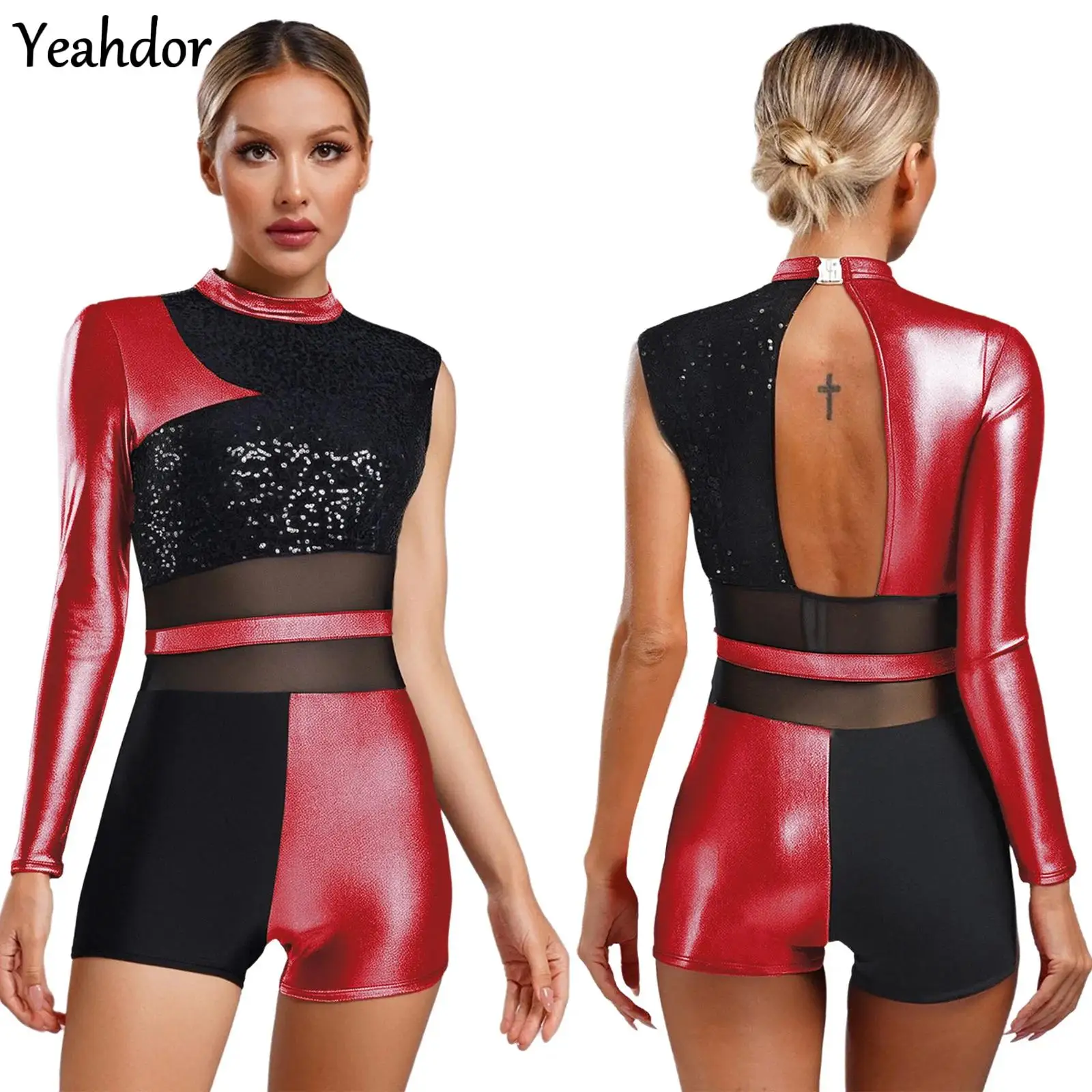 

Womens Latin Dance Bodysuit Boyshort Glittery Sequins Metallic Shiny Asymmetrical Leotard Jazz Chacha Ballet Ballroom Dancewear