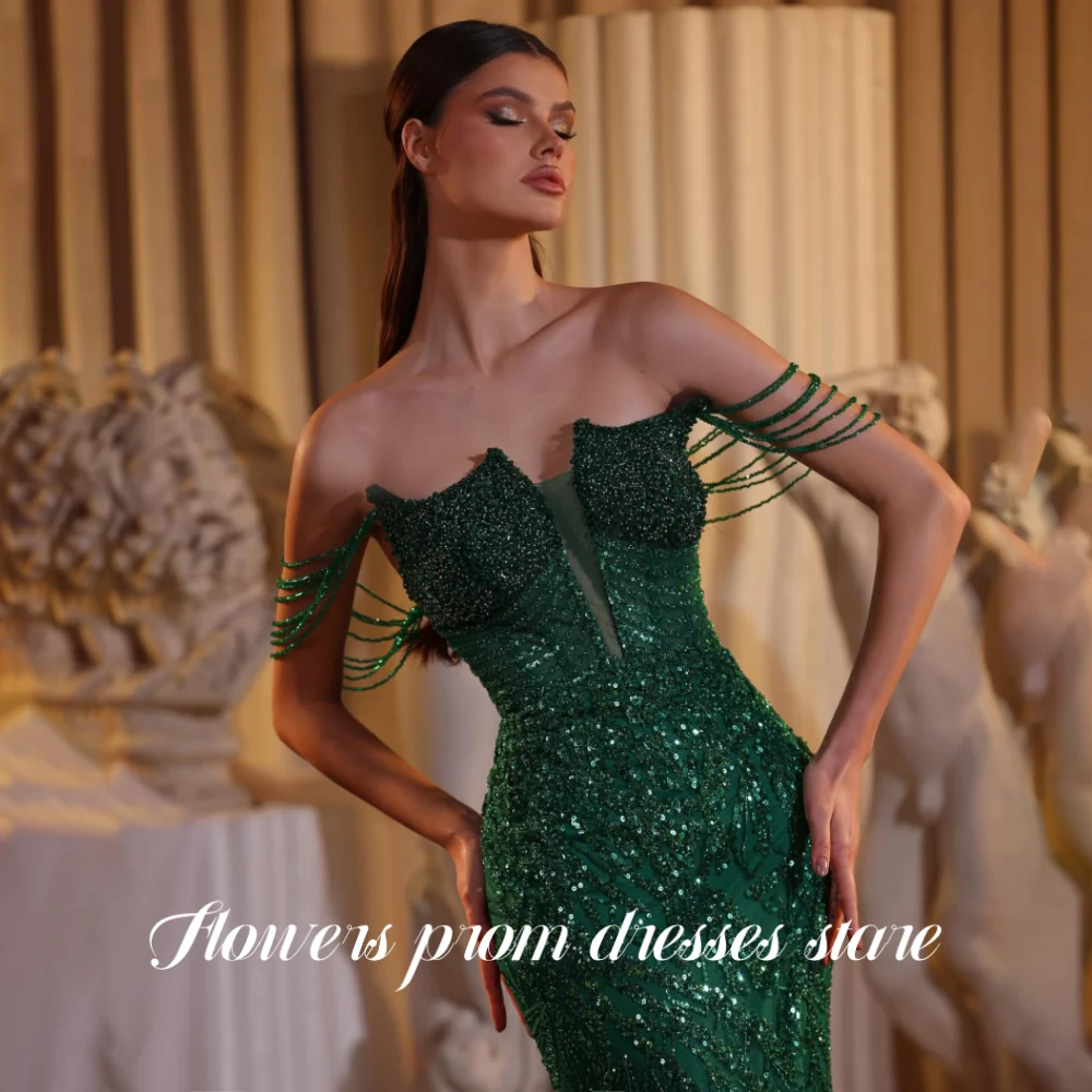 Bloemen Glitter Groene Formele Jurk Lovertjes Zeemeermin Feestjurk Uit de Schouder Galajurken Zijsplit Avondjurk Op maat