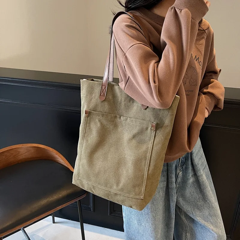 Wear-resistant canvas hand-held tote bag, vertical square waterproof large-capacity single-shoulder bag, commuter shopping bag