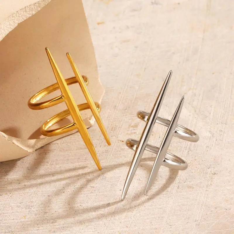 خاتم عتيق مطلي بالذهب عيار 18 قيراط من الفولاذ المقاوم للصدأ موازي بخط مزدوج مجوف ومفتوح النهاية للنساء مجوهرات يومية مضادة للحساسية