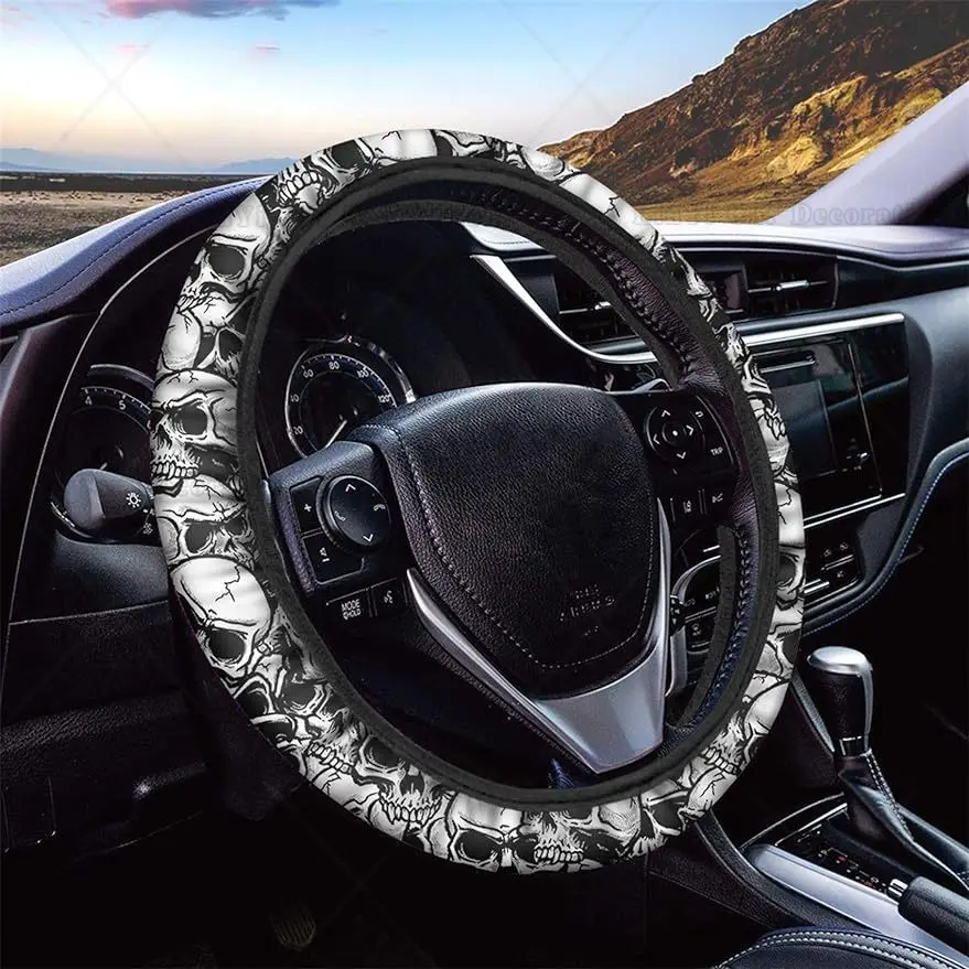 Halloween Car Steering Wheel Cover Punk Skull Car Accessories for Women Girl Suitable for SUV Sedan Vans Trucks Universal 15 In