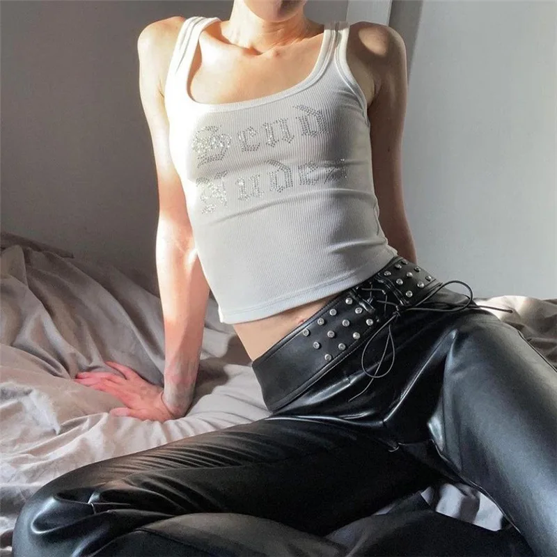 Rhinestone Women Casual Vest Short Crop Top Streetwear Female Knitting Tops Gothic Tank Black Corset Cyber Y2K Grunge Clothing