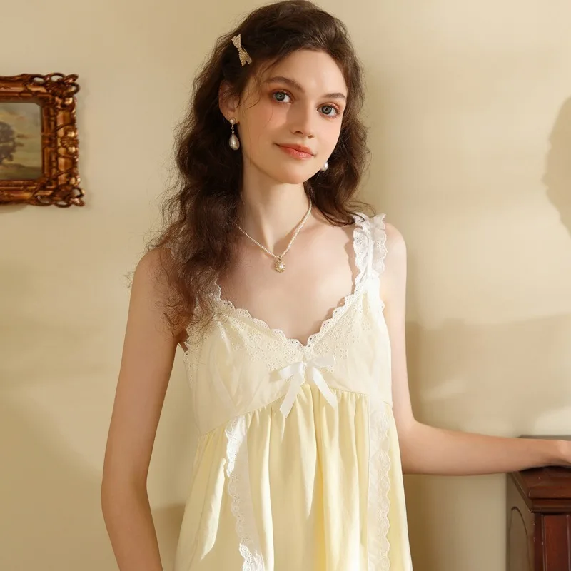 

New French Princess Style Summer Nightgown with Chest Pad Sweet Cotton Short Skirt Pajamas Sexy Style with Spaghetti Straps